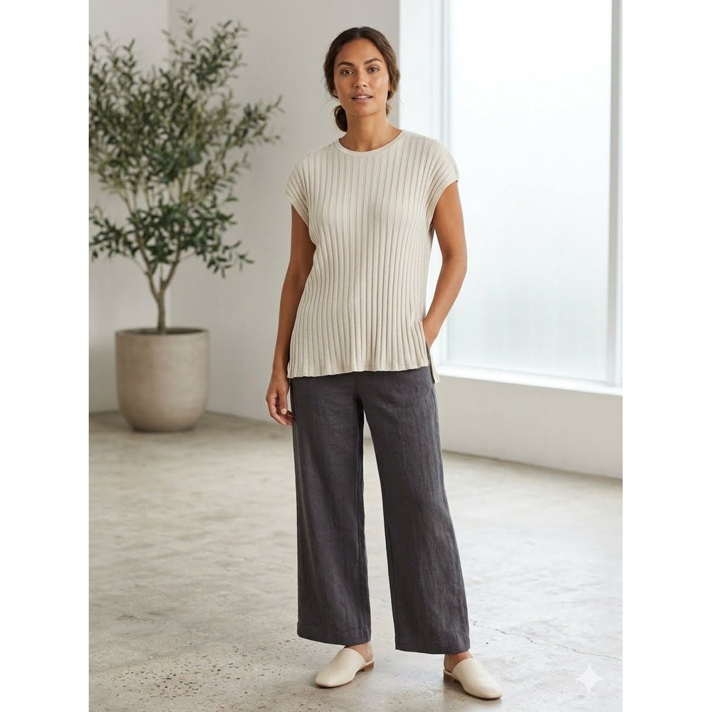 Eileen Fisher Ribbed Tencel Lyocell Cap Sleeve Tunic Top XL Tan Beige Crew Neck